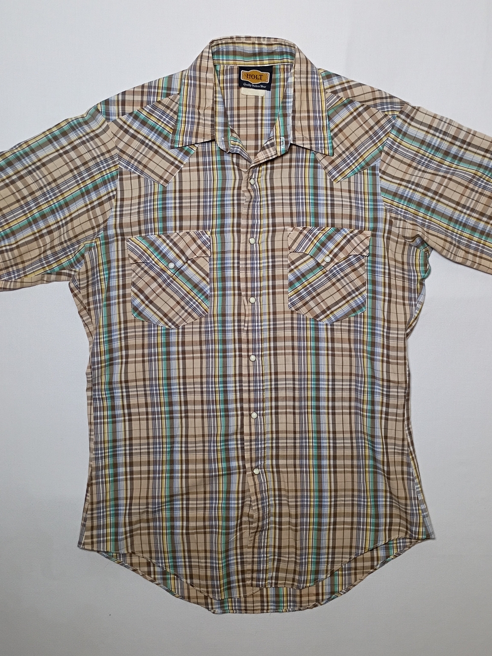 Vintage Holt Mens Long Tails Western Shirt Medium Pearl Snaps Plaid USA